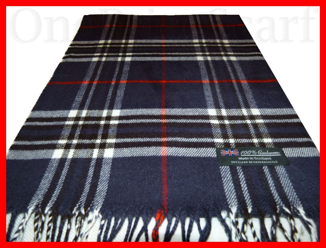 100% Cashmere Scarf Navy Red White Black Check Plaid Scarf Scotland 