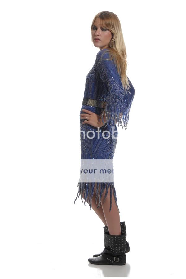 Vtg 70s 80s beaded cobalt blue silver sequin fringe flapper silk dress 