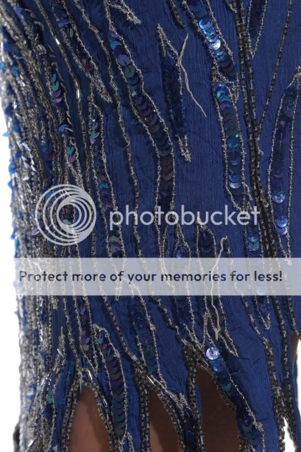 Vtg 70s 80s beaded cobalt blue silver sequin fringe flapper silk dress 